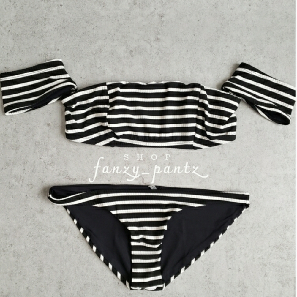 Vitamin A Bikini Top NEW Havana Off the Shoulder Marin Stripe - Picture 2 of 5